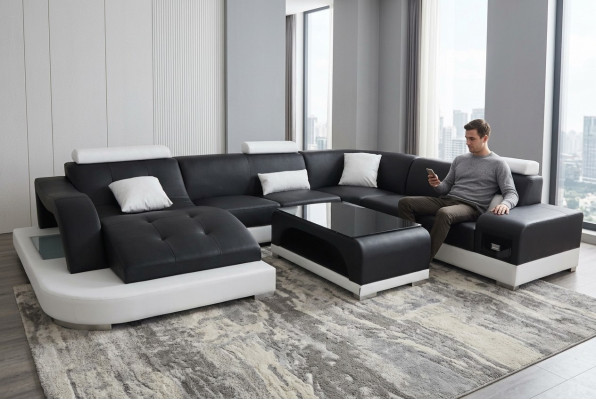 Leder Sofa Moderne Sitz Couch Polster Design Eck Wohnlandschaft + Tisch Couchen