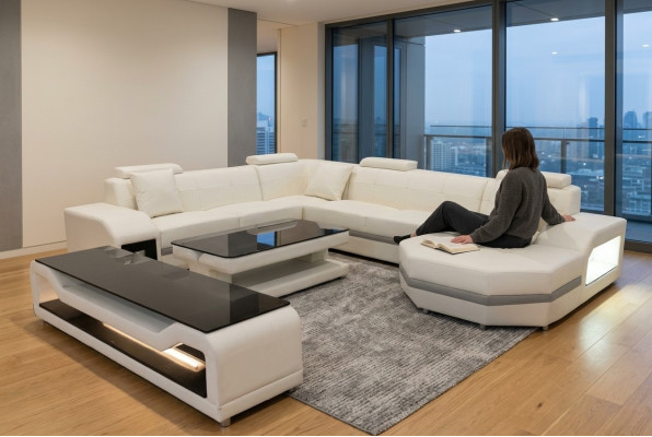 Leder Sofa Couch Polster Eck Sitz Garnitur Wohnlandschaft U Form Tisch RTV Neu