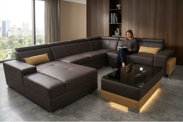 Ecke Leder Modern XXL Couch Wohnlandschaft Ledersofa Sofa U-Form C4010 Tisch Neu