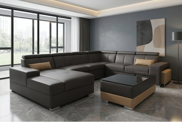 Ecke Leder Modern XXL Couch Wohnlandschaft Ledersofa Sofa U-Form C4010 Tisch Neu