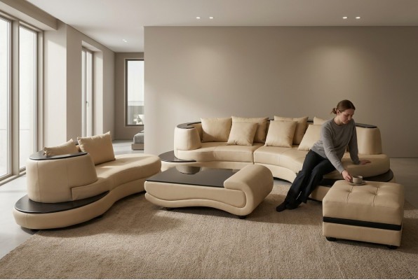 Luxus Wohn Eck Leder Garnitur Landschaft Polster XXL Big Sofa U Form + Chaise + Tisch