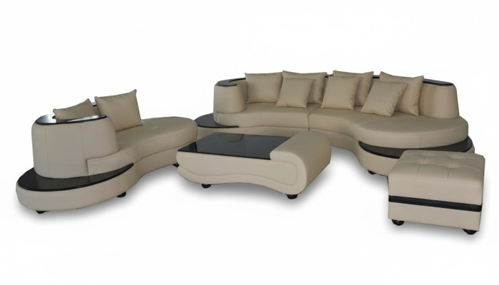 Luxus Wohn Eck Leder Garnitur Landschaft Polster XXL Big Sofa U Form + Chaise + Tisch