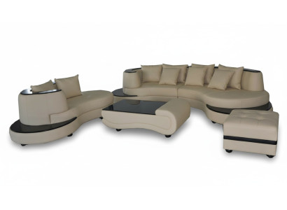 Luxus Wohn Eck Leder Garnitur Landschaft Polster XXL Big Sofa U Form + Chaise + Tisch