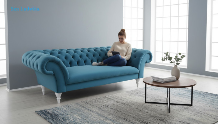 Textil 3 Sitzer Blau Stoff Design Couch Polster Sofas Modern Sofa Chesterfield