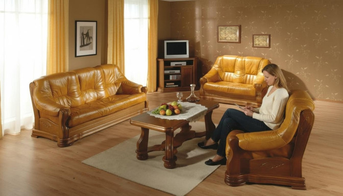 Wohnzimmer Leder Holz Möbel Garnitur 3+2+1 Sofa Couch Polster Sitz