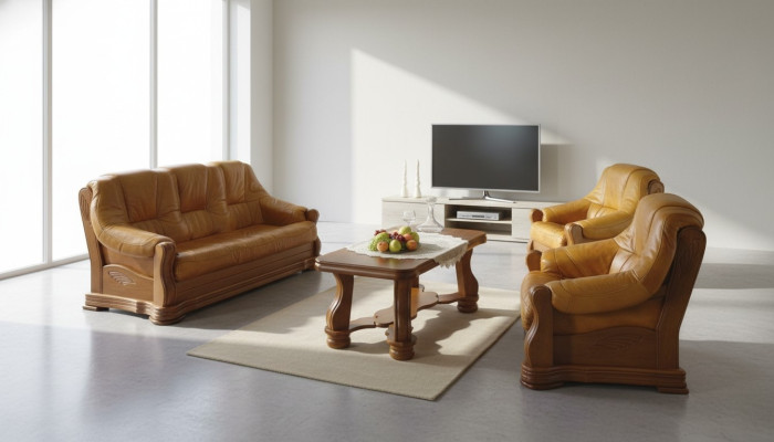 Wohnzimmer Leder Holz Möbel Garnitur 3+2+1 Sofa Couch Polster Sitz