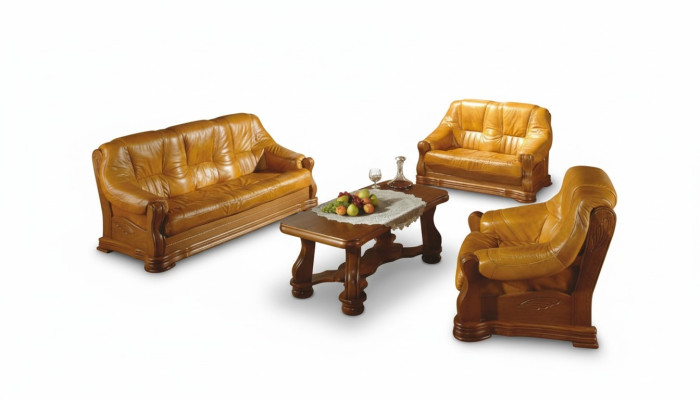 Wohnzimmer Leder Holz Möbel Garnitur 3+2+1 Sofa Couch Polster Sitz