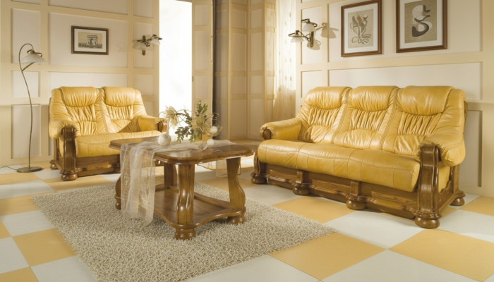 Landhaus Ledersofas Polster Garnitur Holzgestell 3+1+1 Sofagarnitur Couch