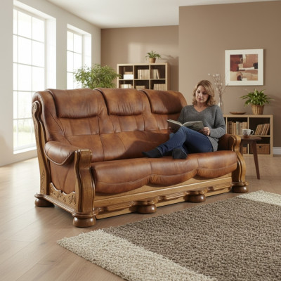 Klassische Ledercouch Sofagarnitur Komplettes Set 3+2+2 Holzgestell Polster Couchen
