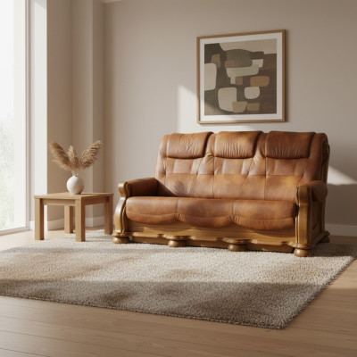 Klassische Ledercouch Sofagarnitur Komplettes Set 3+2+2 Holzgestell Polster Couchen
