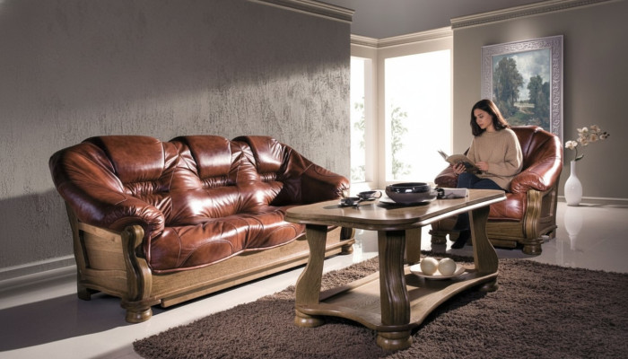 Klassische Sofagarnitur Couch Polster Sitz Garnitur Sofa Leder Holz 3+2+2 Set