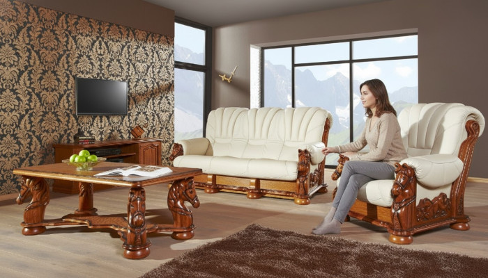 Wohnzimmer Sofagarnitur Couch Polster Sitz Sofa Leder Holz 3+2 Set