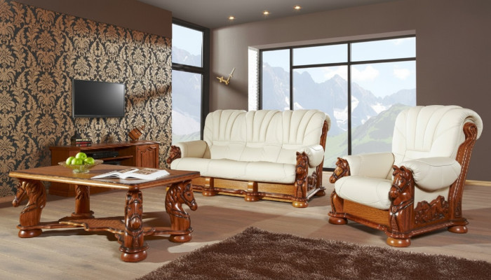 Wohnzimmer Sofagarnitur Couch Polster Sitz Sofa Leder Holz 3+2 Set