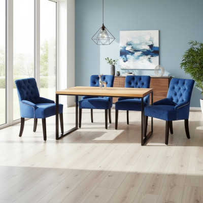Moderner Esszimmer Set Designer Holztisch mit Blauen Chesterfield Stühlen