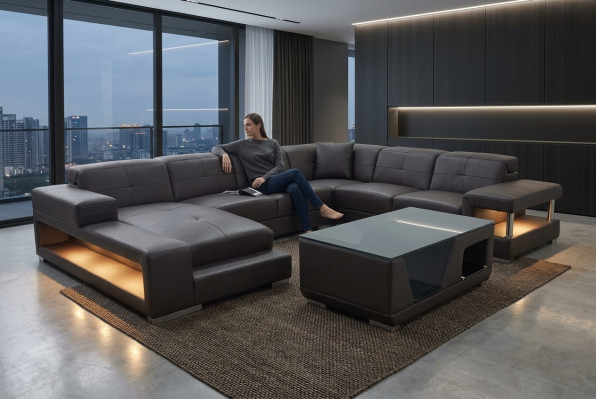 Ledersofa Ecke Wohnlandschaft Garnitur Design Modern Ecksofa Sofa U-Form mit USB