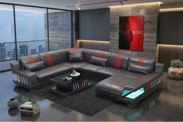 Ecksofa Wohnlandschaft Sofa Couch U Form Polster Couchen Leder Design Beleuchtet