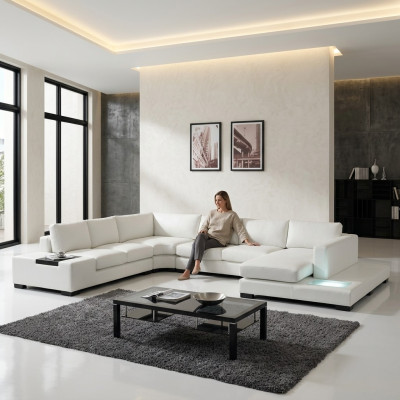 Ledersofa Couch Wohnlandschaft Ecksofa Eck Garnitur Design Modern Sofa mit USB