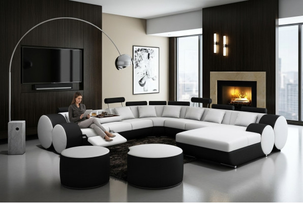 Designer Ledersofa + USB Big Wohnlandschaft Sofa Couch Polster Garnitur Ecksofa