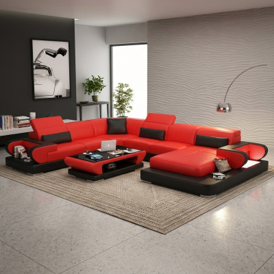 Sofa Eckcouch Couch Funktionssofa + USB U Form Kunstleder Beige Schlaffunktion