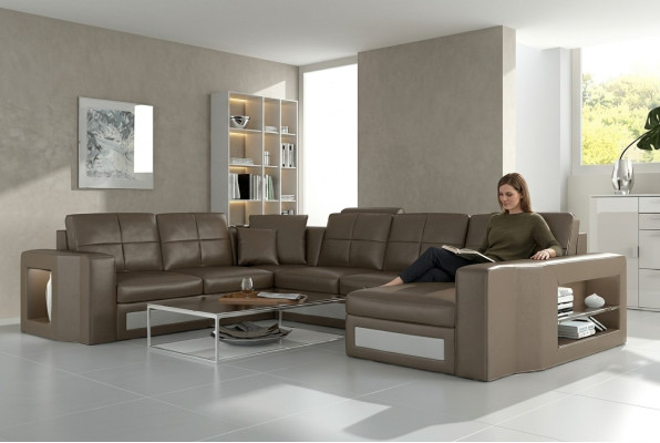 Design Wohnlandschaft Ledersofa Ecksofa Eckcouch Polster Sofa Ecke USB + LED
