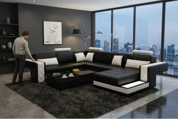 Design Ledersofa Ecksofa Eckcouch Polster Sofa Ecke USB + LED Wohnlandschaft