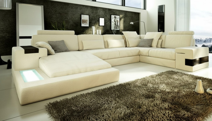 Ledersofa USB Design Sofa U Form Wohnlandschaft Couch Polster Ecksofa Neu LED