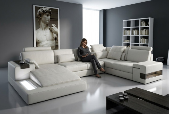 Design Ledersofa Sofa Couch Polster Wohnlandschaft XXL Big Ecksofa Ecke mit USB