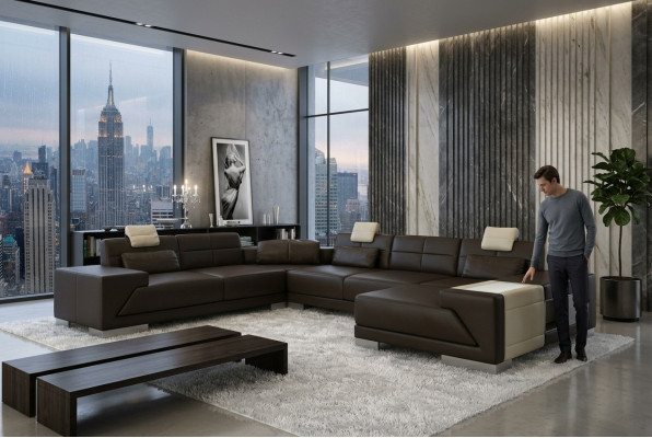 Wohnzimmer U Form Ecksofa mit USB Design Sofa Couch Polster Garnitur Ecke Braun
