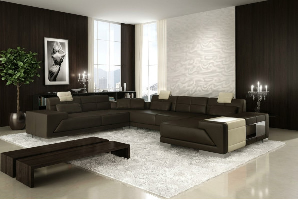 Wohnzimmer U Form Ecksofa mit USB Design Sofa Couch Polster Garnitur Ecke Braun