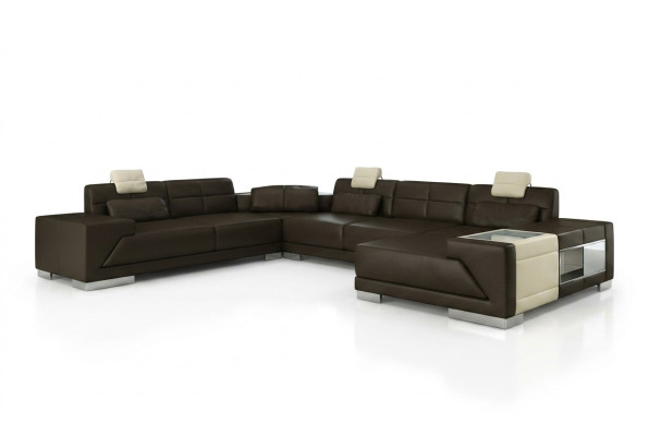 Wohnzimmer U Form Ecksofa mit USB Design Sofa Couch Polster Garnitur Ecke Braun