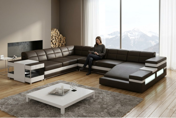 Ledersofa LED USB Sofa Couch Polster Ecke Wohnlandschaft Ecksofa Design Leder