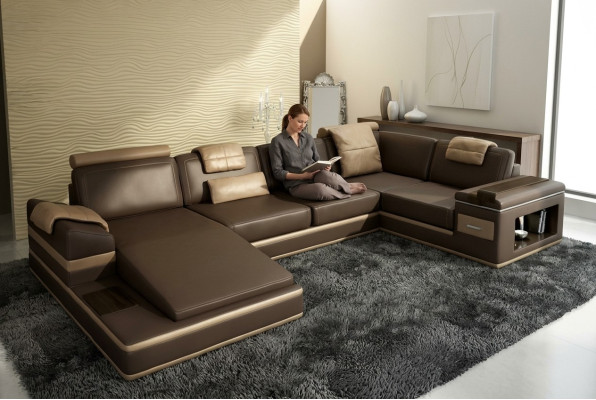 Ecksofa Sofa USB + LED Wohnlandschaft U Form Polster Couch Ledersofa Stoff Leder