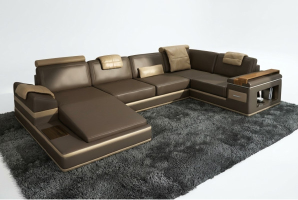 Ecksofa Sofa USB + LED Wohnlandschaft U Form Polster Couch Ledersofa Stoff Leder