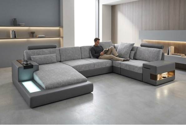 Ecksofa Wohnlandschaft U Form Ledersofa Sofa Polster Couch Stoff Leder USB + LED
