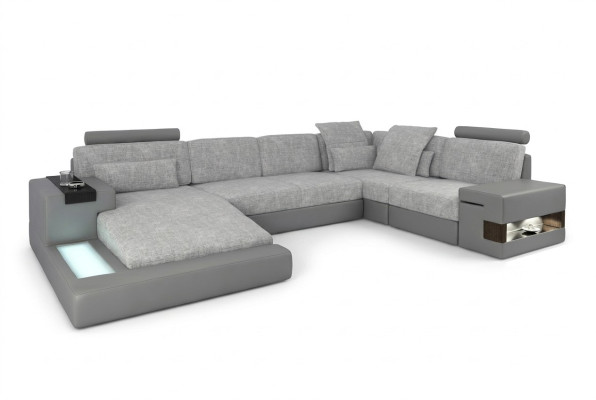 Ecksofa Wohnlandschaft U Form Ledersofa Sofa Polster Couch Stoff Leder USB + LED