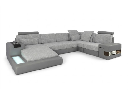 Ecksofa Wohnlandschaft U Form Ledersofa Sofa Polster Couch Stoff Leder USB + LED