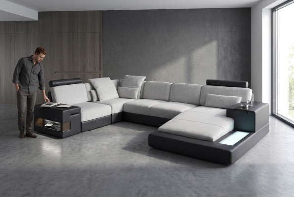 XXL Ecksofa Wohnlandschaft U Form Ledersofa Sofa Polster Couch Textil Leder USB