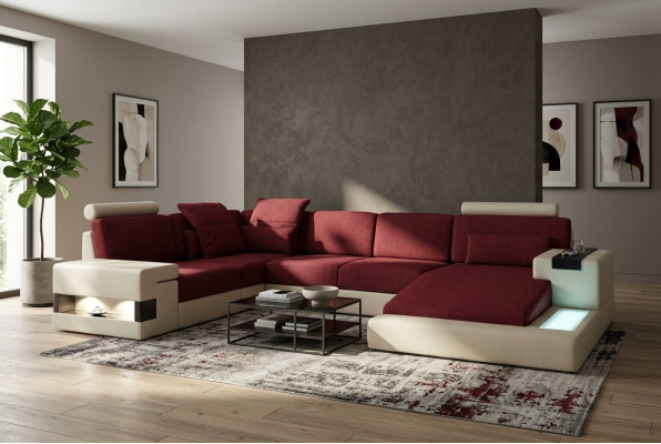 XXL Ecksofa U Form Ledersofa Sofa Polster Couch Leder Textil USB Wohnlandschaft