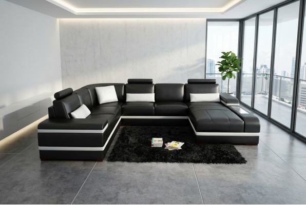 Ecksofa Ledersofa mit USB Big XXL U Form Wohnlandschaft Sofa Couch Garnitur LED