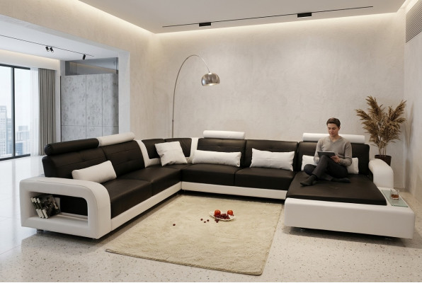 Ecksofa mit USB Polster Sofa Wohnlandschaft Sitz Eck Garnitur Leder Textil H2209