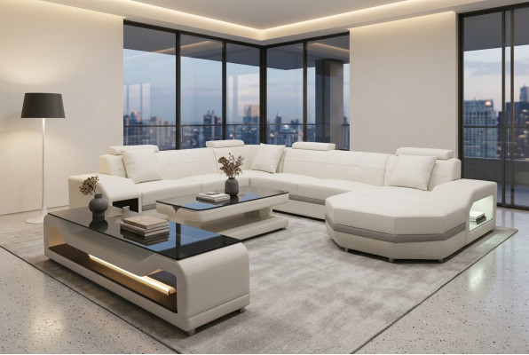 Leder Sofa Couch Polster Eck Sitz Garnitur Wohnlandschaft U Form couchen +USB