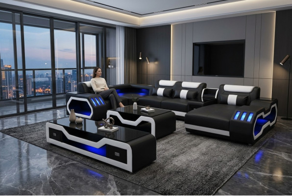 Leder Sofas Eck Garnitur Design Sofa Wohnlandschaft + Couch Tisch + RTV USB Neu