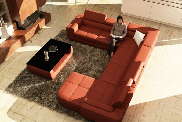 Polster Ledersofa Sofa + USB Wohnlandschaft U Form XXL Big Orange Couch Ecksofa