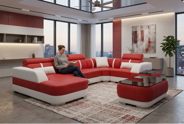 Design Eck Couch Sitz Leder Polster Ecke Garnitur Wohnlandschaft Sofa mit USB