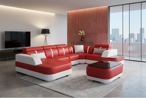Design Eck Couch Sitz Leder Polster Ecke Garnitur Wohnlandschaft Sofa mit USB