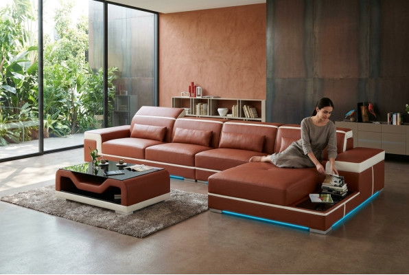 Ledersofa USB Wohnlandschaft Ecksofa Ecke Garnitur Design Moderne Sofa Couch Neu
