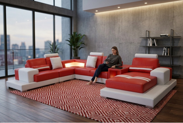 Ledersofa Couch Wohnlandschaft Garnitur Design Modern Sofa U-Form mit USB Licht