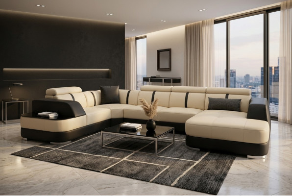 Wohnlandschaft Designer Sofa mit USB Big Polster Leder Sofas Ecke Sitz Black