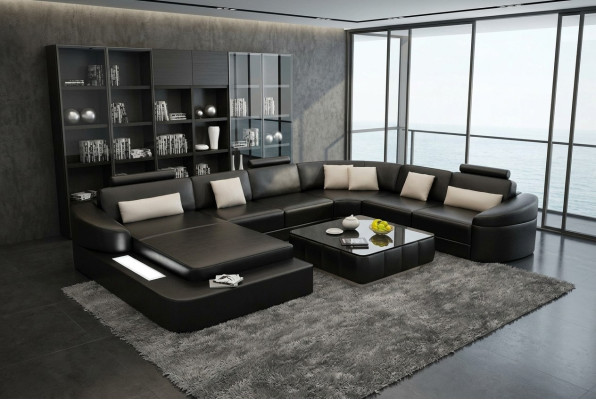 Luxus Ledersofa Polster Moderne Sitz Garnitur Eckcouch Wohnlandschaft LED USB