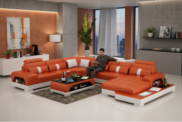 Ledersofa Couch Wohnlandschaft Ecksofa Eck Garnitur Design Modern Sofa mit USB